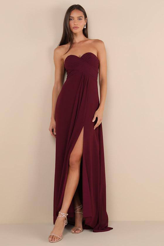 Splendid Aura Plum Purple Chiffon Pleated Strapless Maxi Dress Product Image