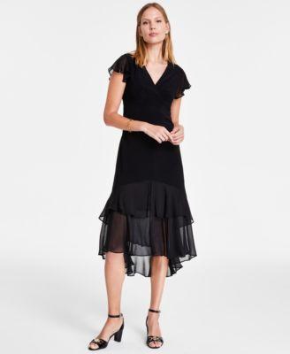 Tommy Hilfiger Womens V-Neck How-Low Hem Chiffon-Trim Dress Product Image