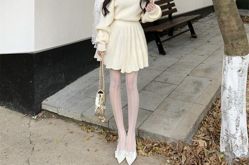 Long-Sleeve Off Shoulder Knit Mini A-Line Dress Product Image