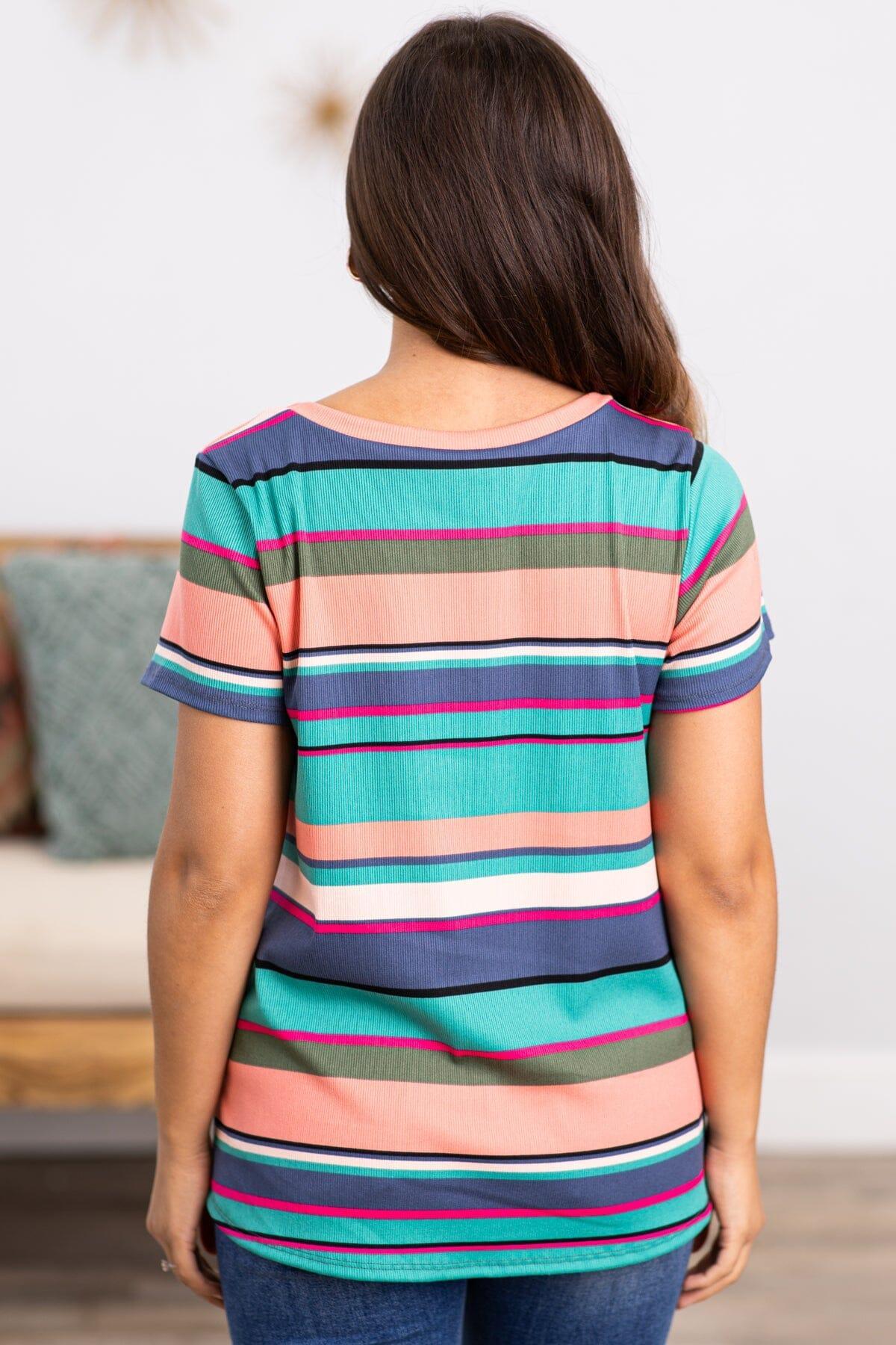 Teal Multicolor Stripe Short Sleeve Top Product Image