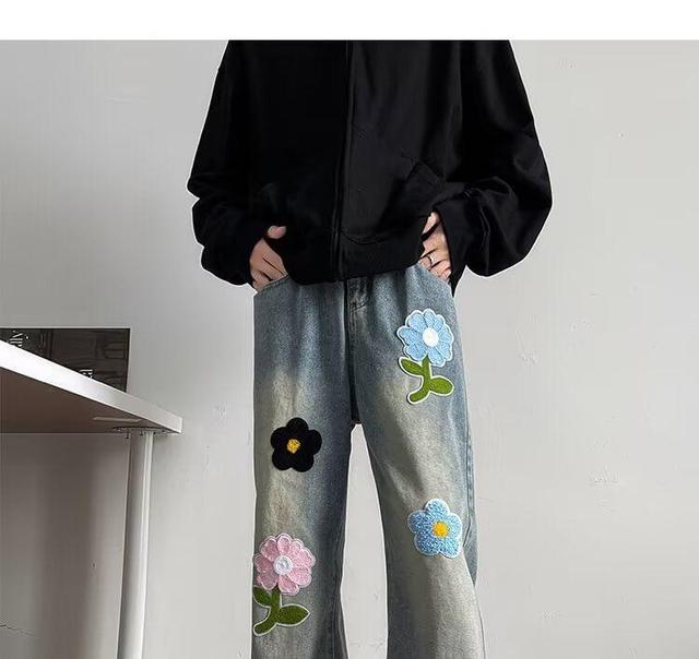 Mid Rise Washed Flower Wide Leg Jeans Product Image