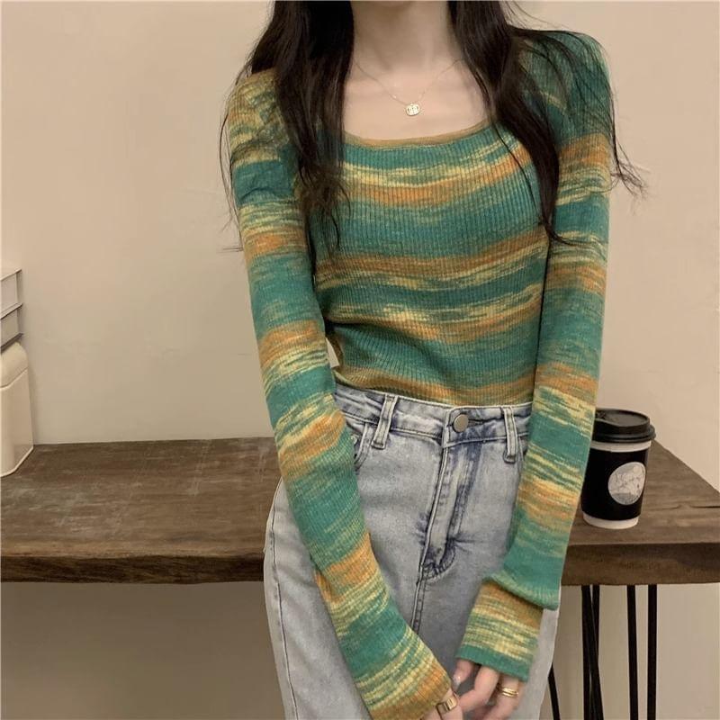 Long-Sleeve Square Neck Color Block Ribbed Knit Top Product Image