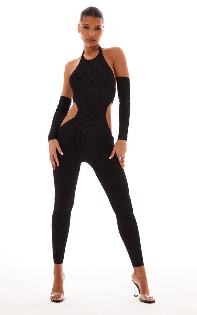 Black Rib Knit Halterneck Cut Out Jumpsuit & Sleeves Product Image