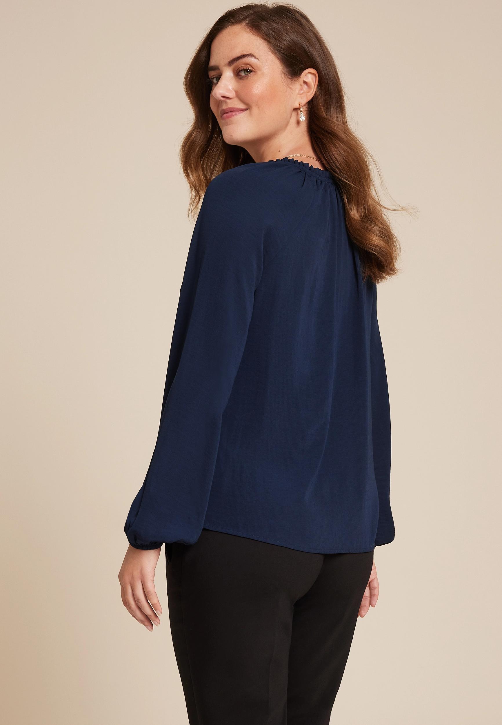 Ruffle Trim V Neck Long Sleeve Blouse Product Image