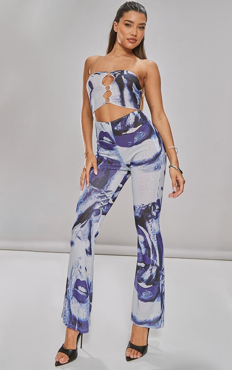 Blue Printed Ring Detail Burn Out Mesh Flared Jumpsuit Product Image