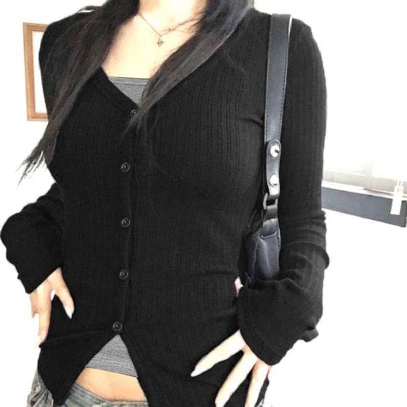 Mock Two Pieces Long Sleeve Ribbed Knitted Top Product Image