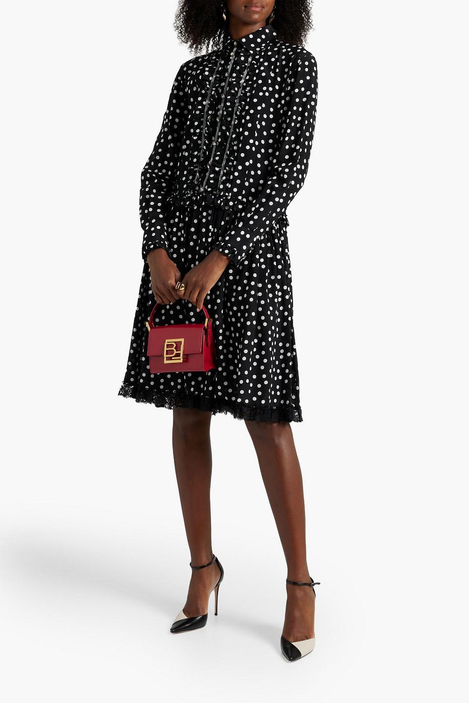 Lace-trimmed Polka-dot Silk-blend Crepe Dress In Black Product Image