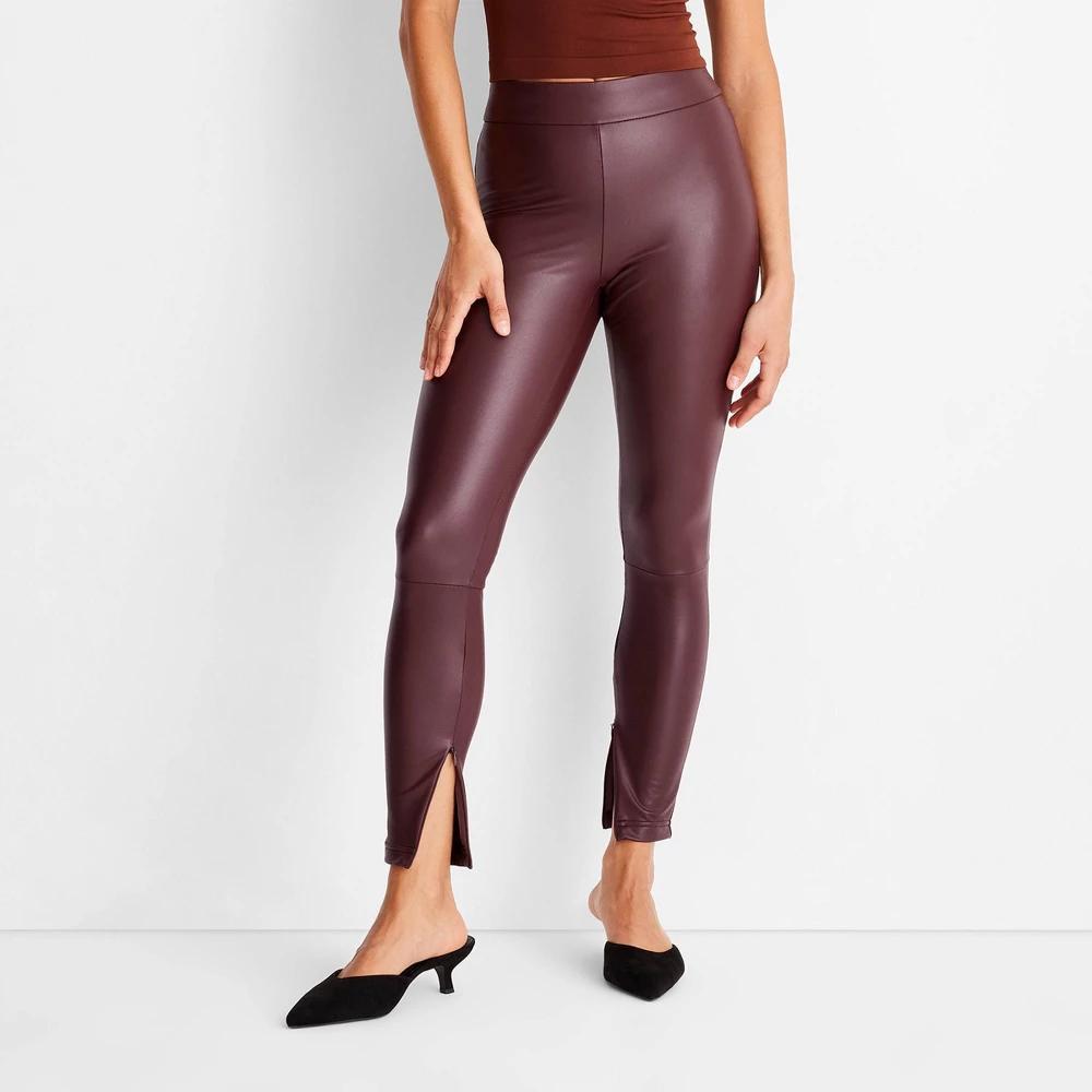 Women's High-Waisted Slim Fit Faux Leather Leggings - A New Day™ Purple S Product Image