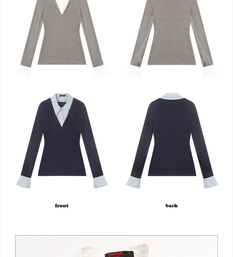 Mock Two-Piece Long-Sleeve Collared Two Tone Top Product Image