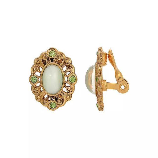 1928 Gold Tone Light Green Stone Oval Clip Earrings, Womens Product Image