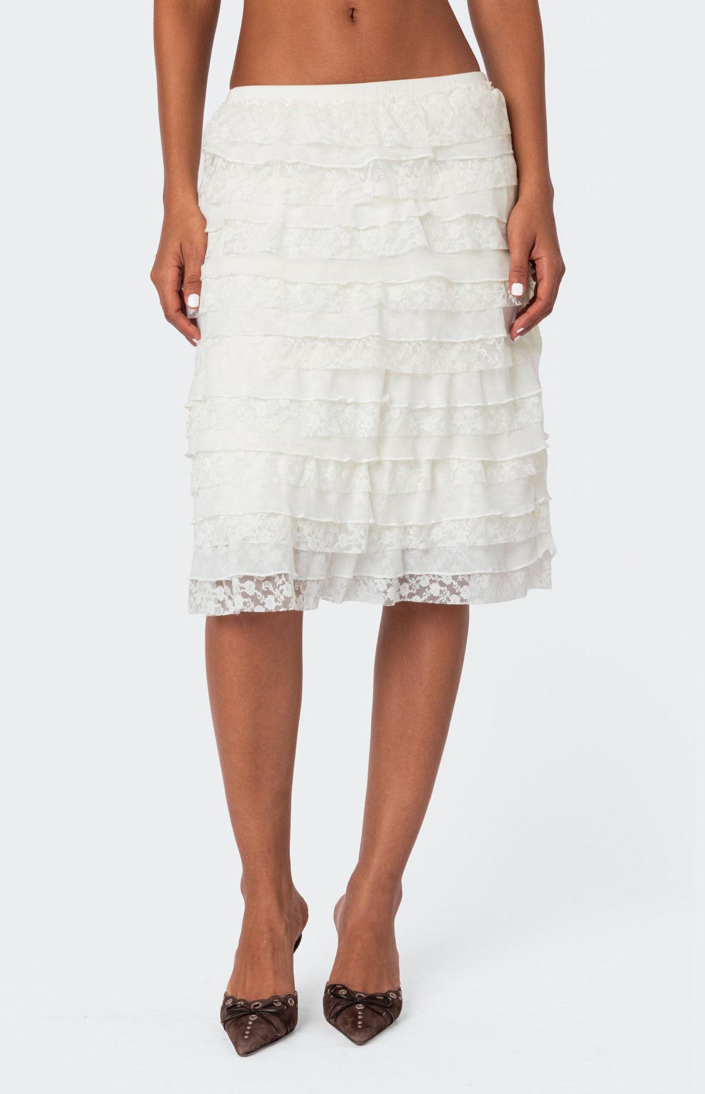 Edikted Women's Louise Lace and Mesh Ruffle Midi Skirt Product Image