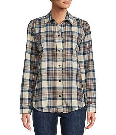 L.L.Bean Indigo Tartan Scotch Plaid Flannel Point Collar Long Sleeve Relaxed Fit Button Front Shirt Product Image