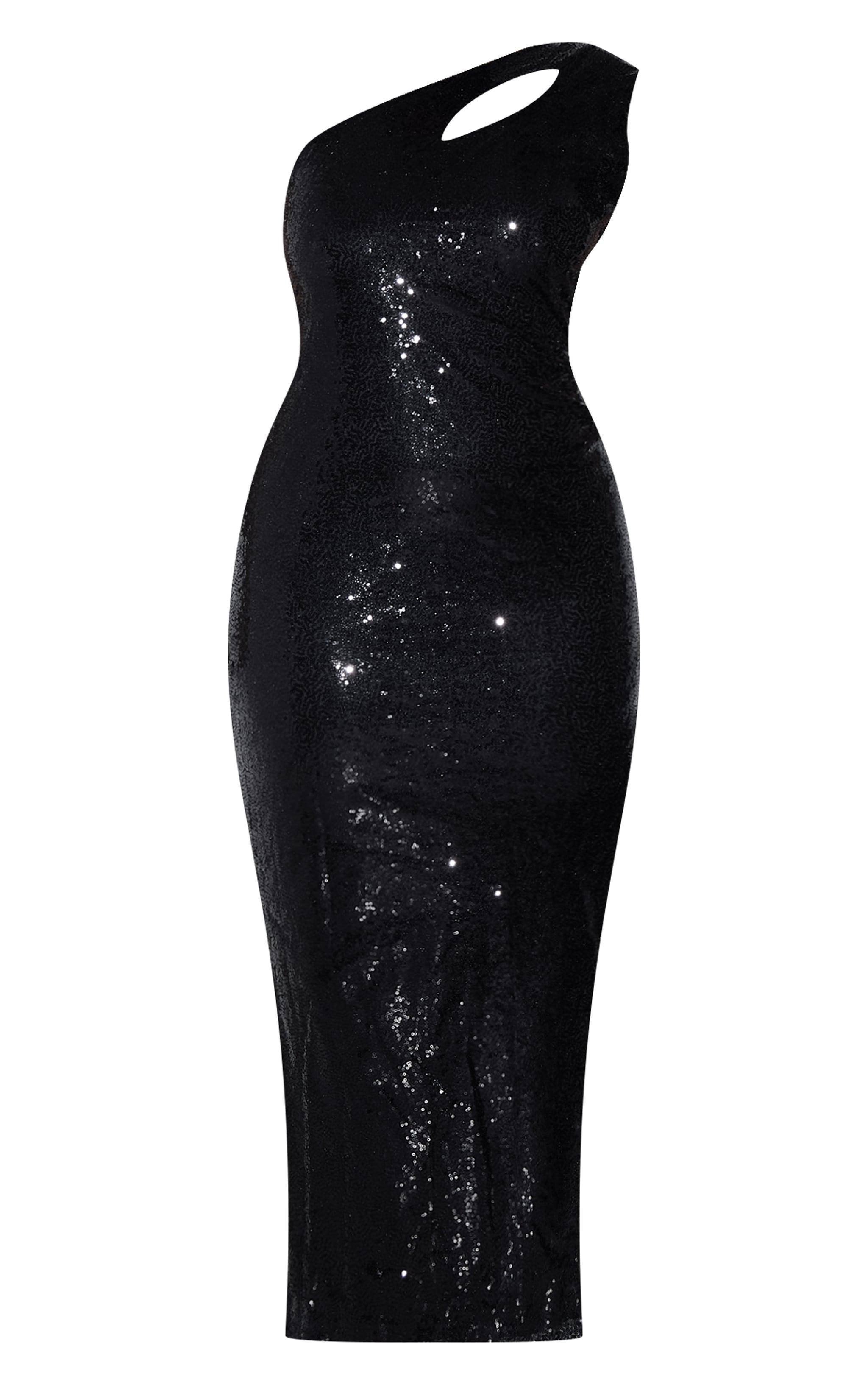 Plus Black Asymmetric High Split Sequin Maxi Dress Product Image