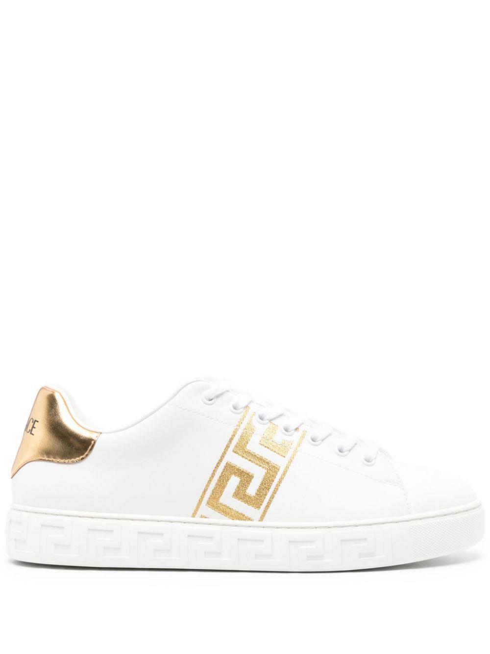 VERSACE Greca Embroidered Sneakers In Gold Product Image