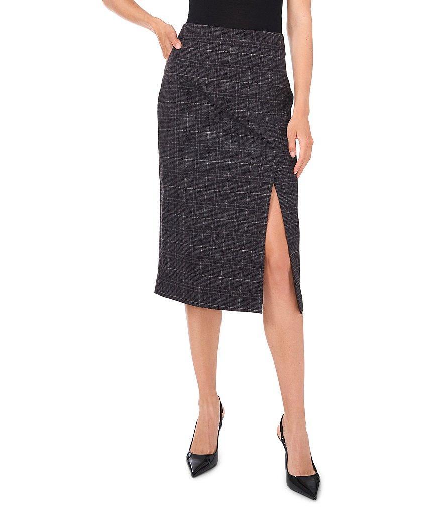 Vince Camuto Plaid Suiting Woven High Rise Pencil Side Slit Hem Midi Skirt Product Image