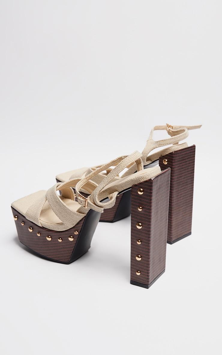 Beige Linen Look Square Toe Studded Trim Platform Sandals Product Image