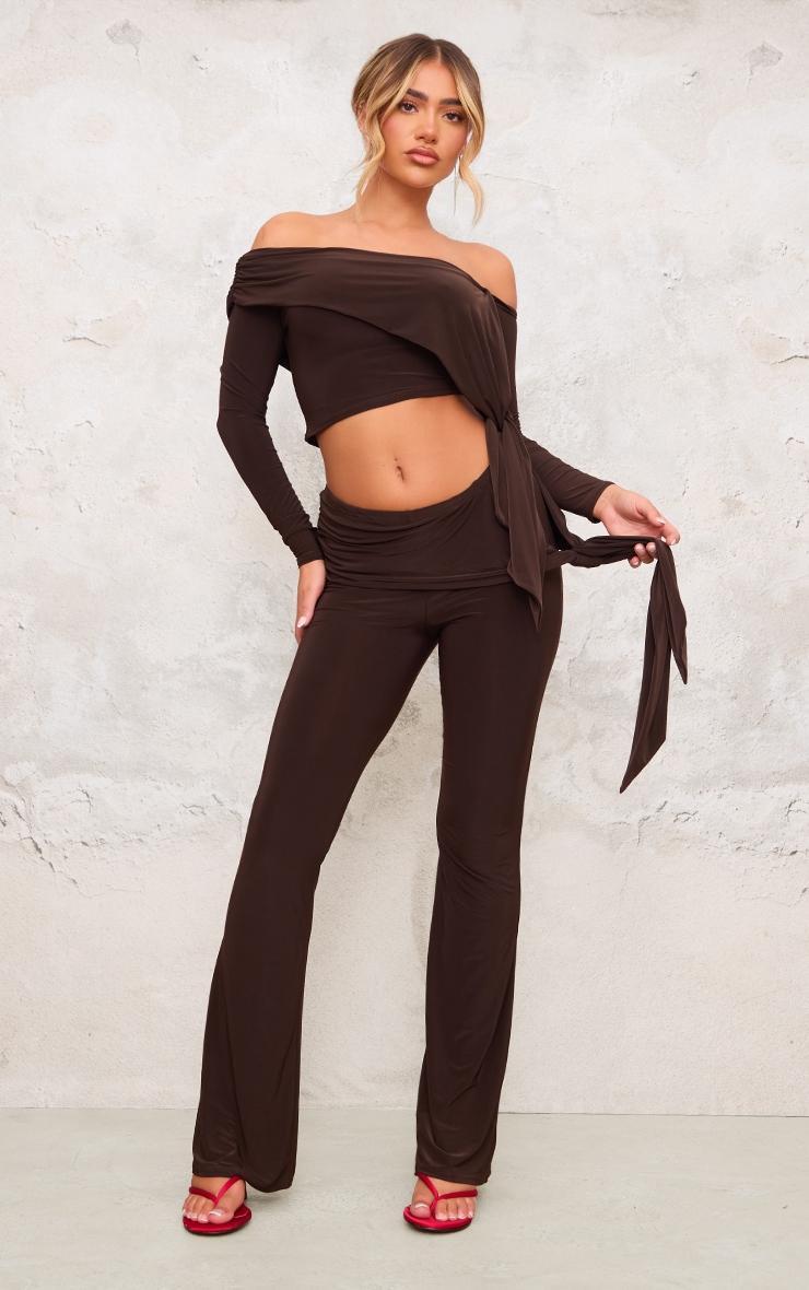 Chocolate Slinky Ruched Off The Shoulder Long Sleeve Top Product Image