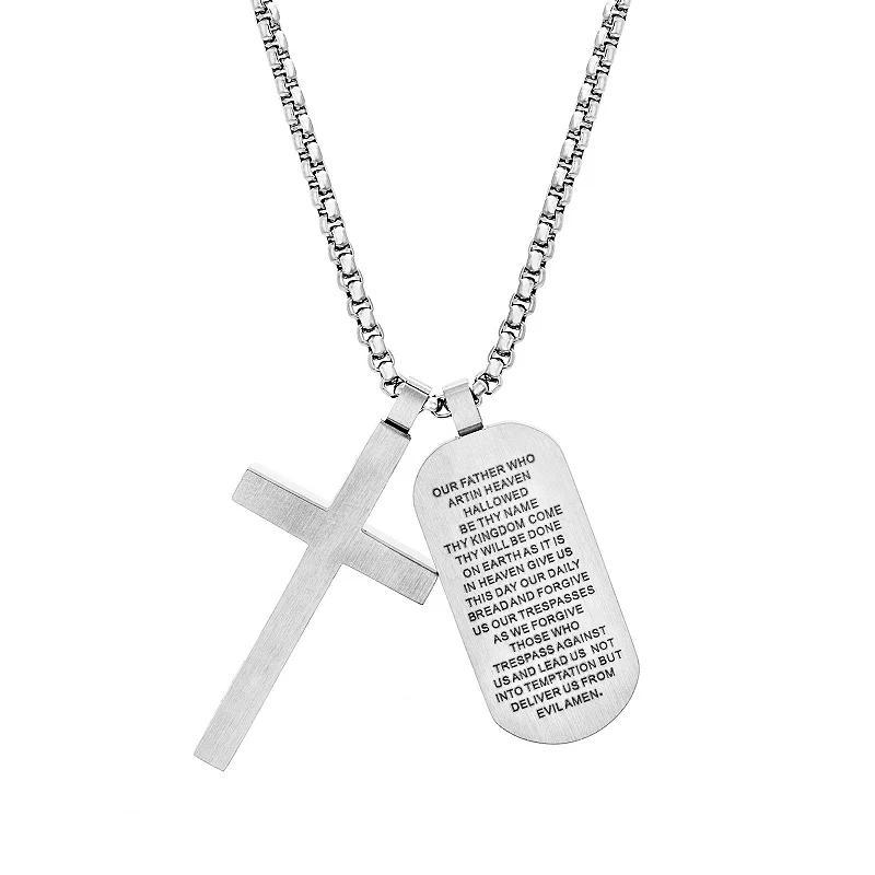 slate Mens Stainless Steel Cross & Lords Prayer Dog Tag Pendant Necklace Silver Tone Product Image