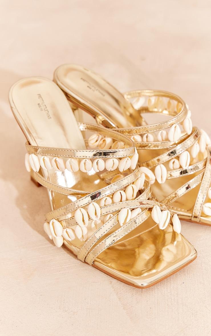 Gold Wide Fit PU Square Toe Shell Strap High Heeled Sandals Product Image