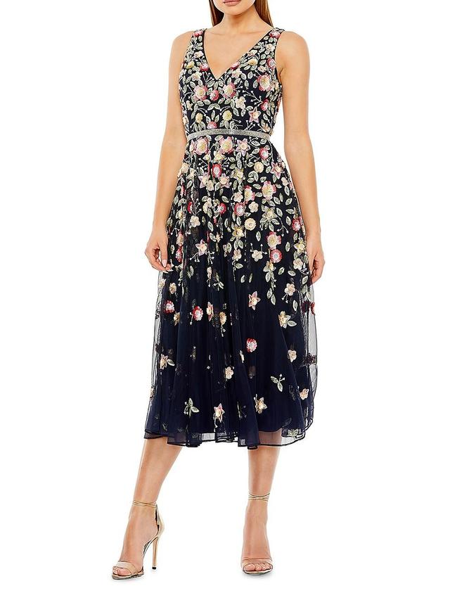 Womens Cocktail Floral Embroidered V-Neck Midi-Dress Product Image