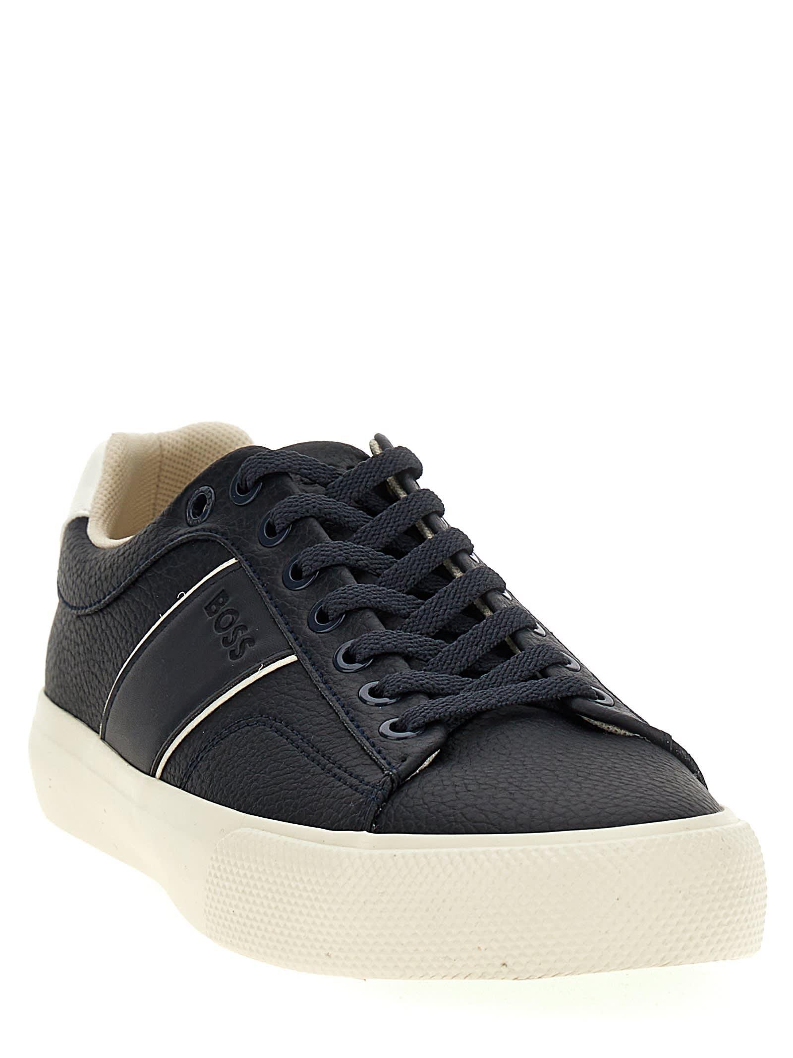 HUGO BOSS Faux-leather Trainers With Plain And Grained Textures In Blue Product Image