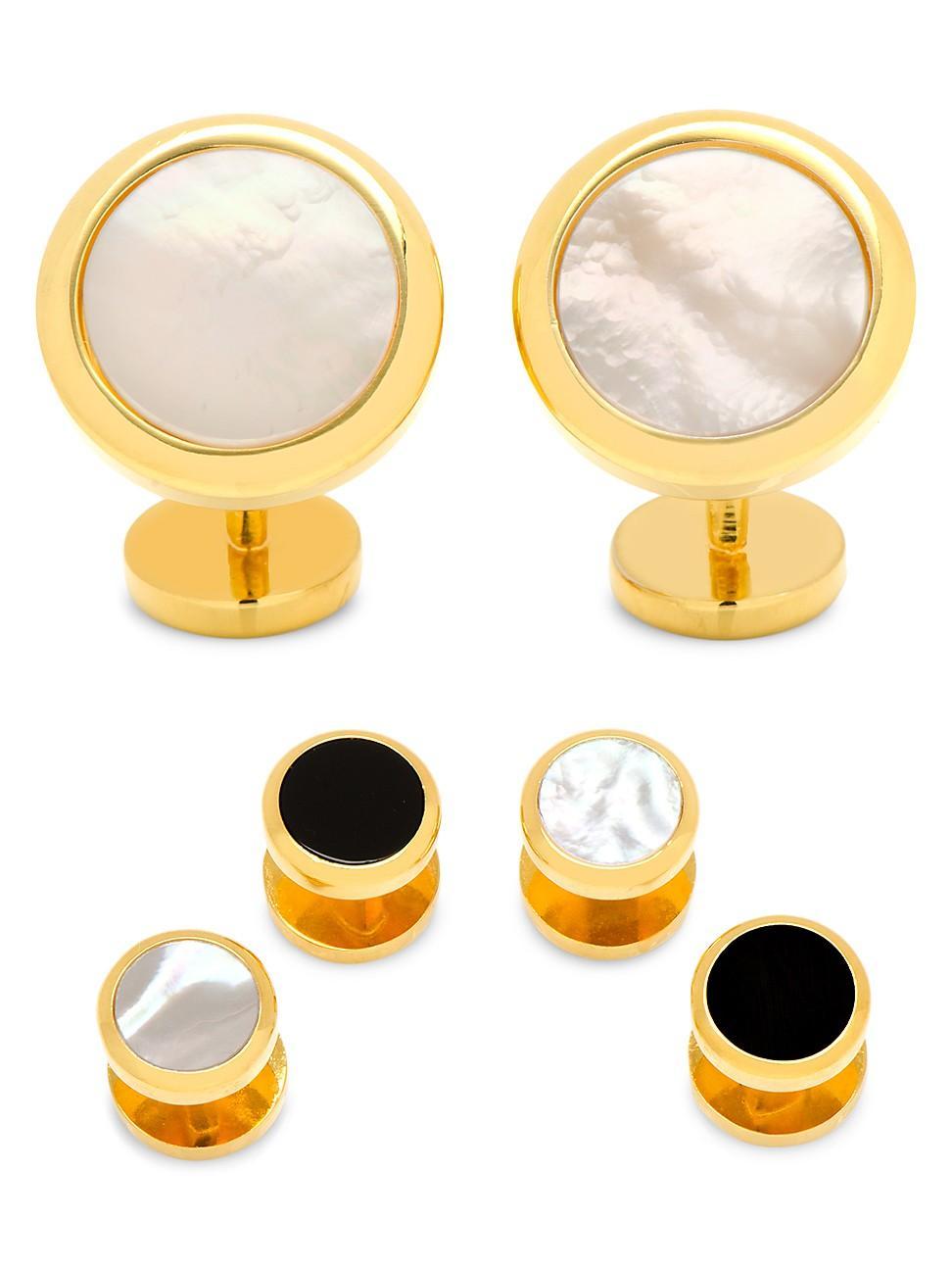 Mens 3-Piece Ox And Bull Trading Co. Double Sided Gold Mother Of Pearl Round Beveled Stud Set Product Image