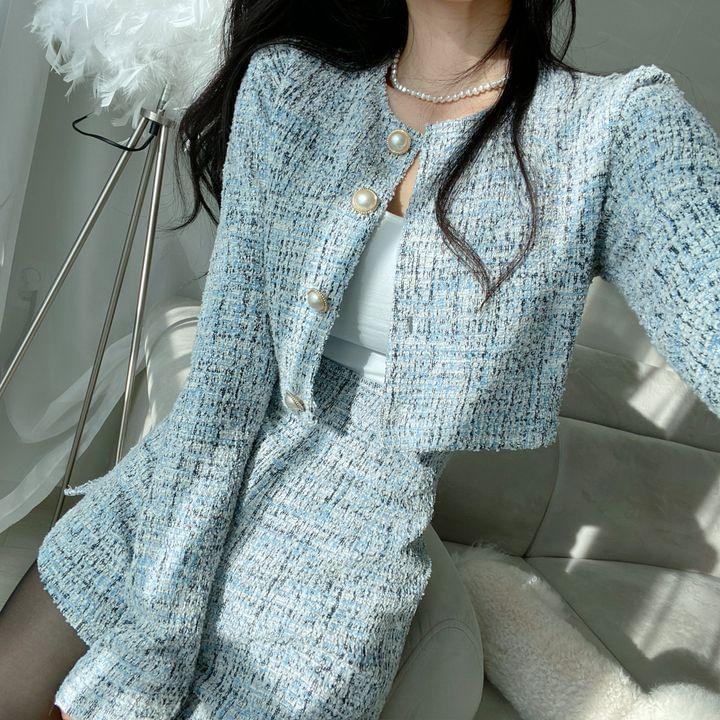 Set: Crew Neck Tweed Crop Button-Up Jacket + High Waist Wide Leg Shorts Product Image