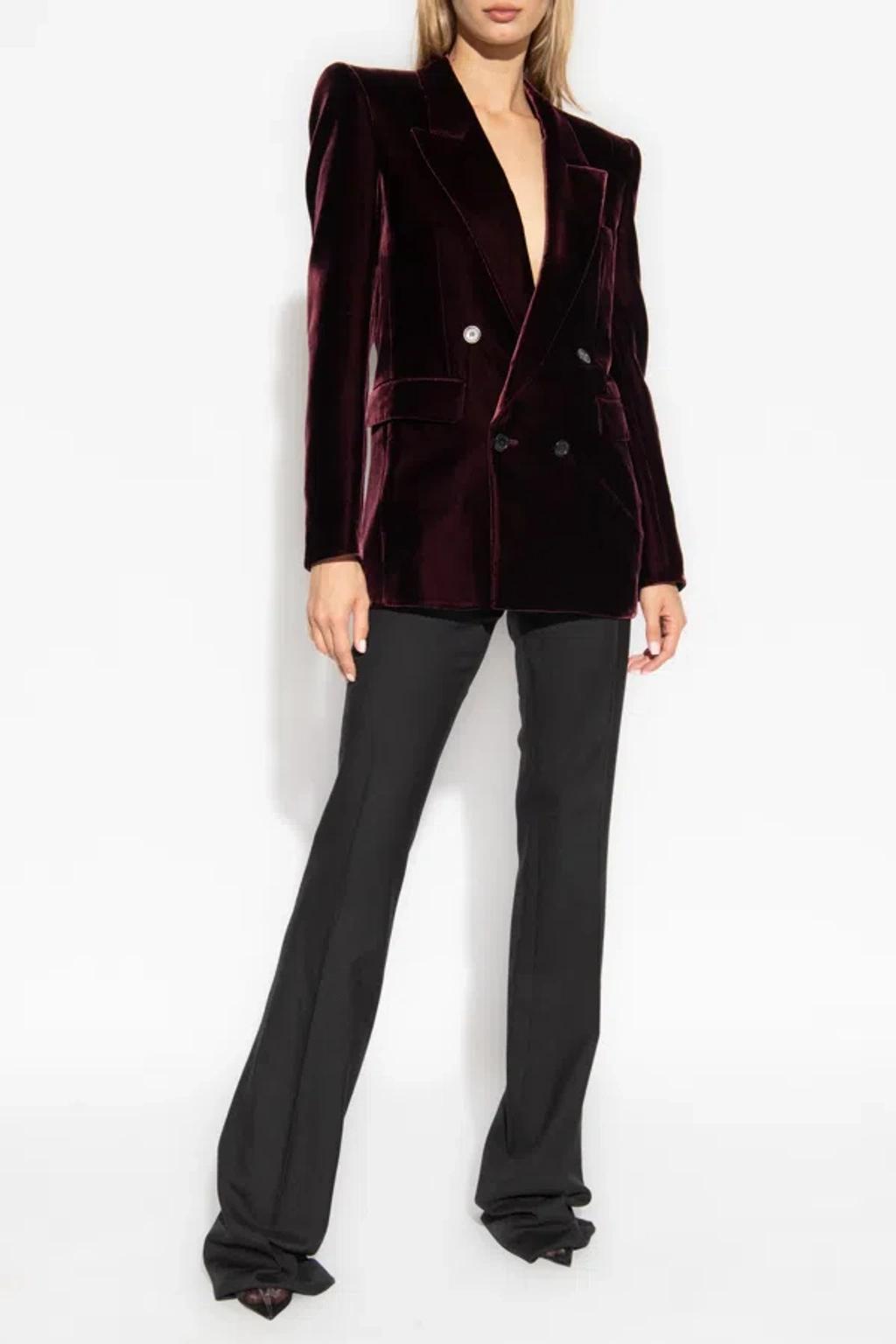 Double Breast Viscose Blend Blazer In Burgundy Product Image