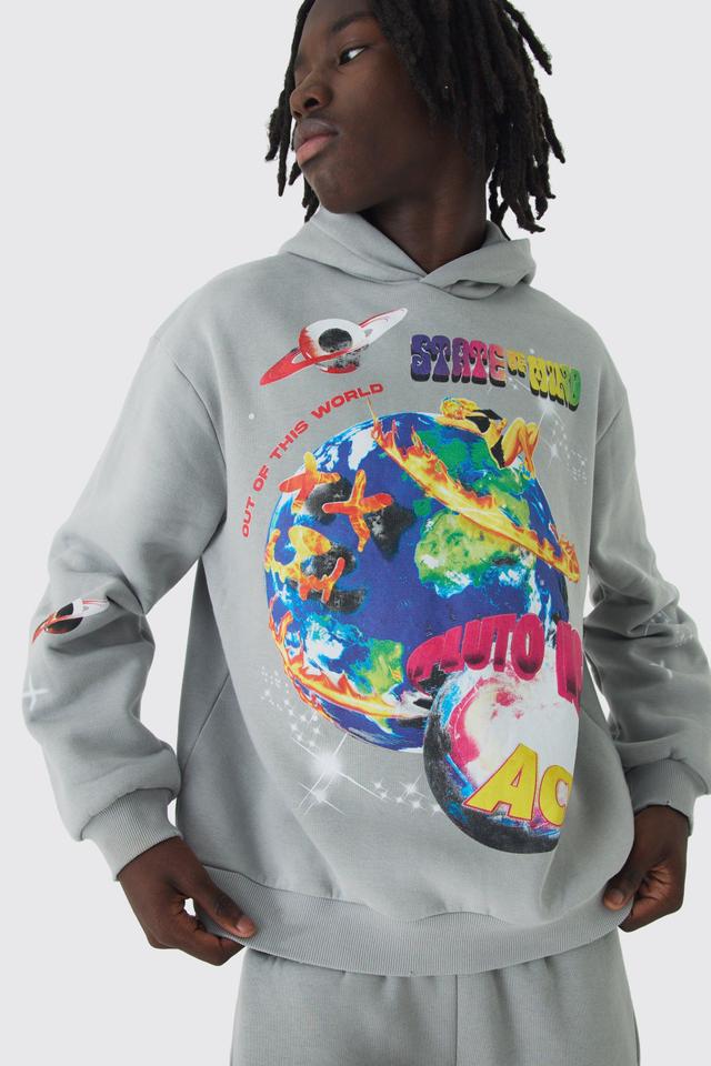 Oversized Distressed Space Graphic Brushback Hoodie | boohooMAN USA Product Image