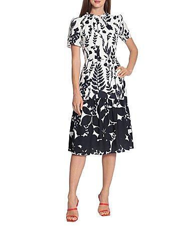 Maggy London Contrast Print Stretch Crepe Crew Neck Short Sleeve Tiered Ruffle Hem Midi Dress Product Image