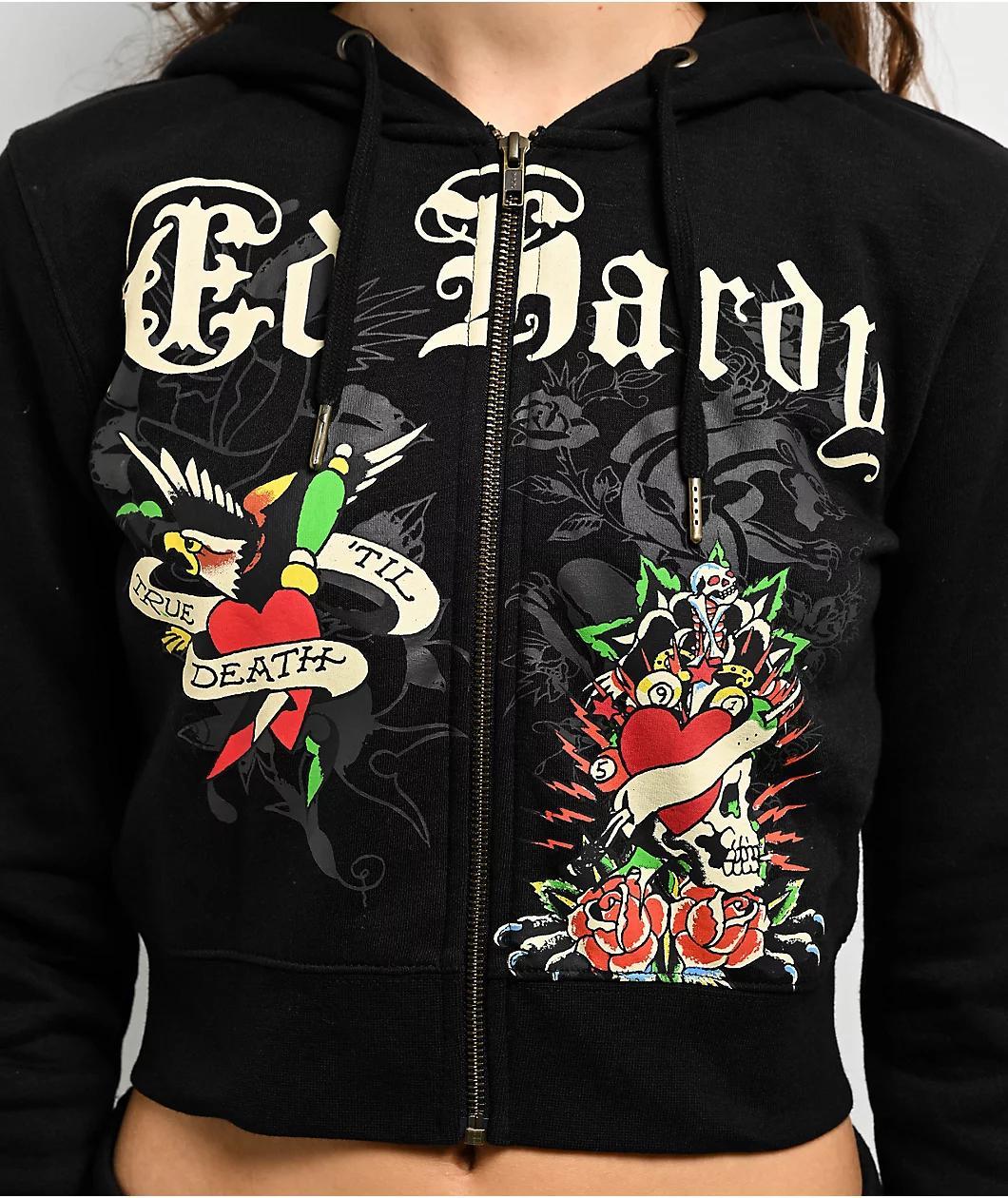 Ed Hardy Rose Skull Black Crop Zip Hoodie Product Image