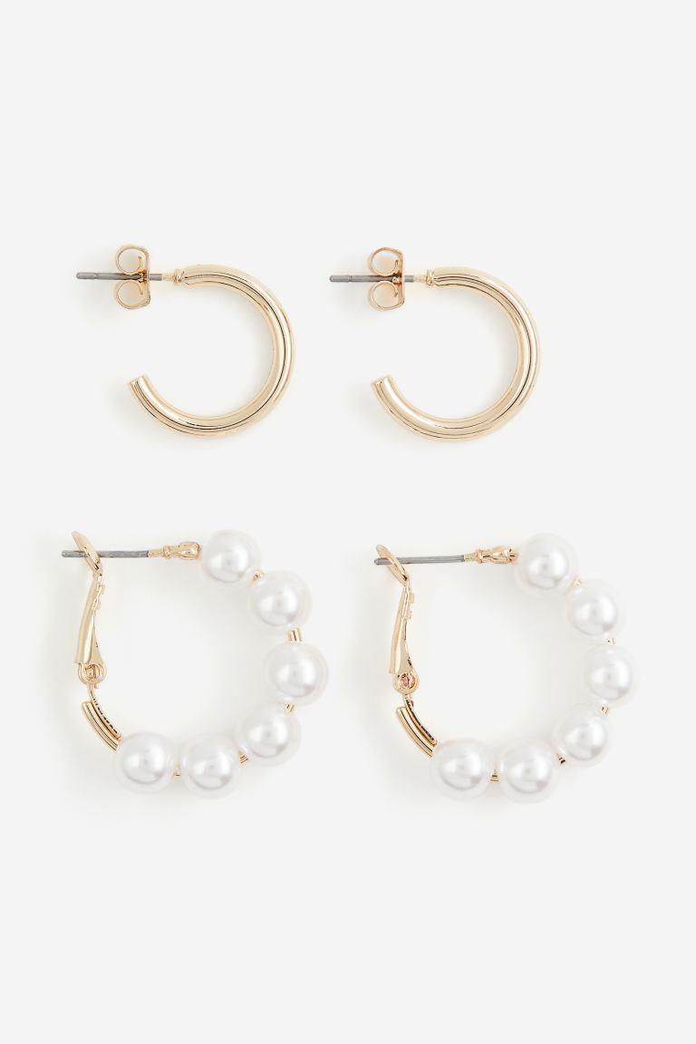 H & M - 2 Pairs Hoop Earrings - White Product Image