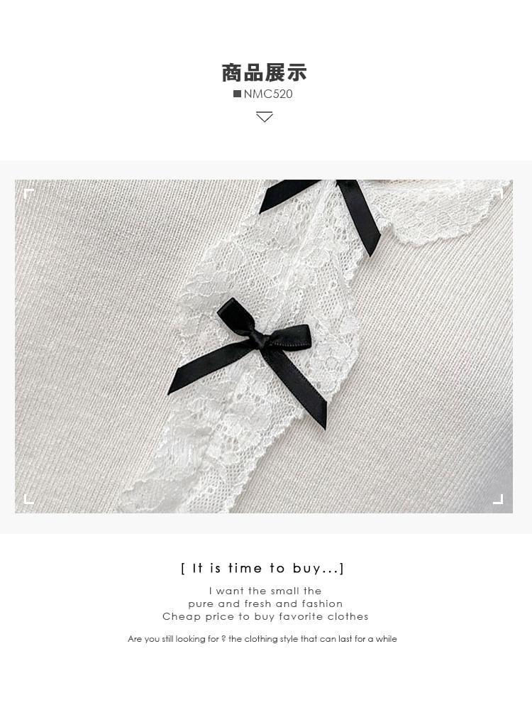 Lace-Trim V-Neck Knit Crop Top with Bow Product Image