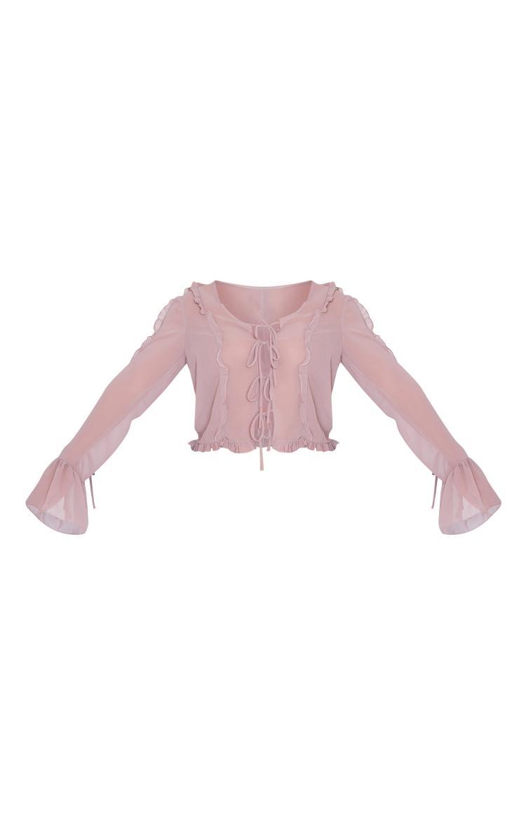 Taupe Chiffon Ruffle Detail Tie Middle Shirt Product Image