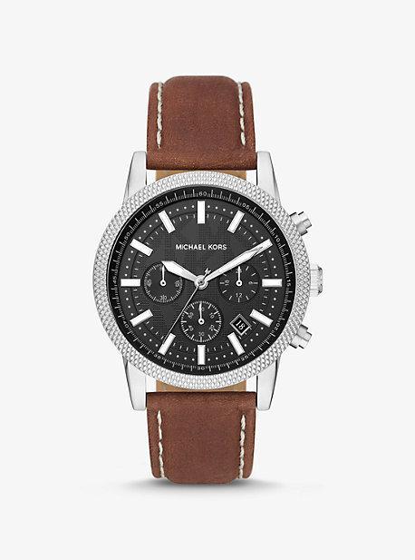 Oversized Hutton Silver-Tone and Leather Watch Product Image