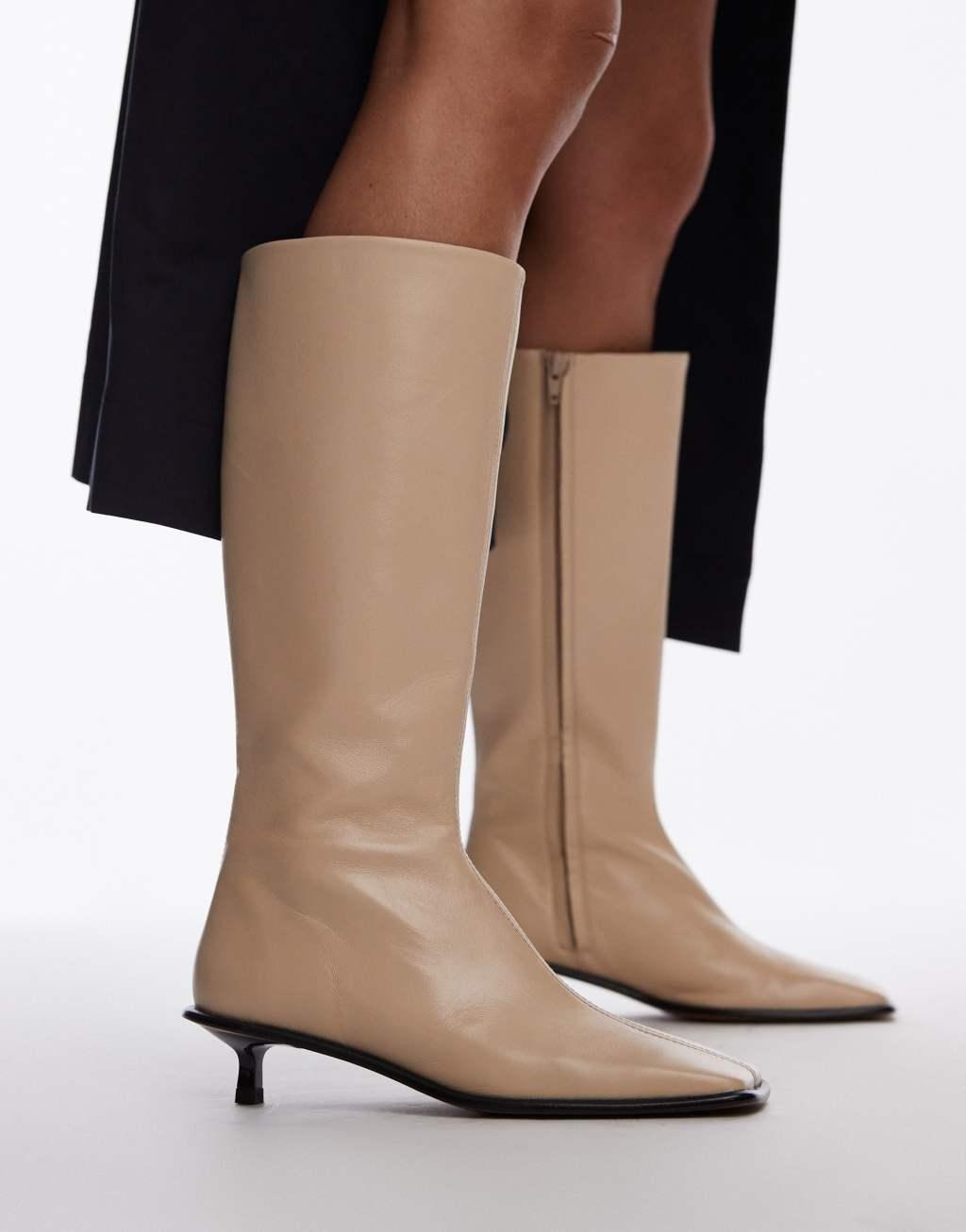 Topshop Taylor premium leather knee high heeled sock boots in off white Product Image