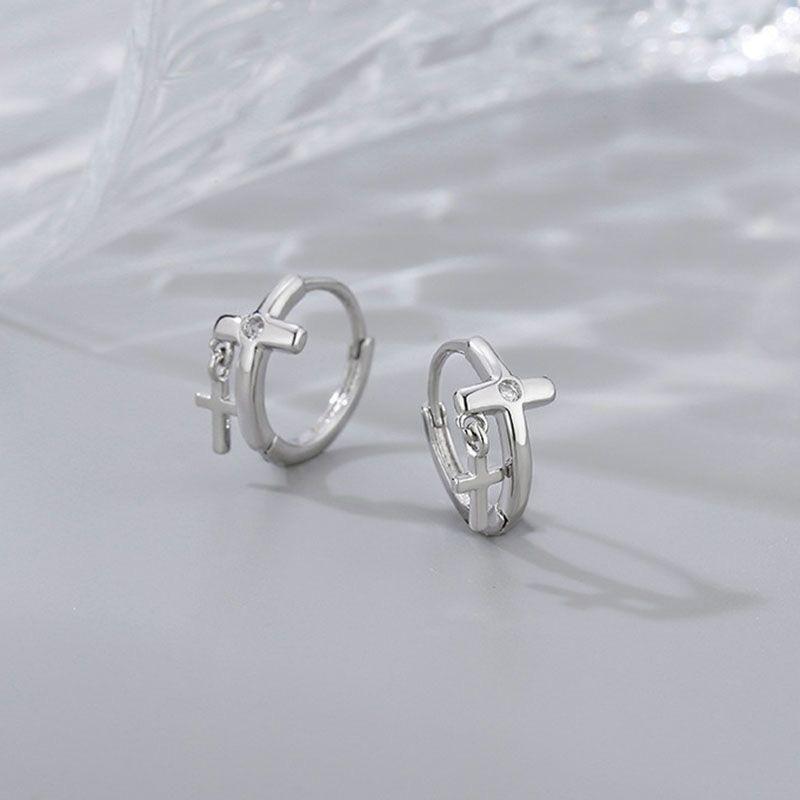 925 Sterling Silver Cross Huggie Earring Product Image