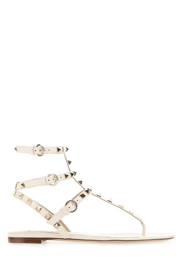 Ivory Leather Rockstud Thong Sandals In White Product Image