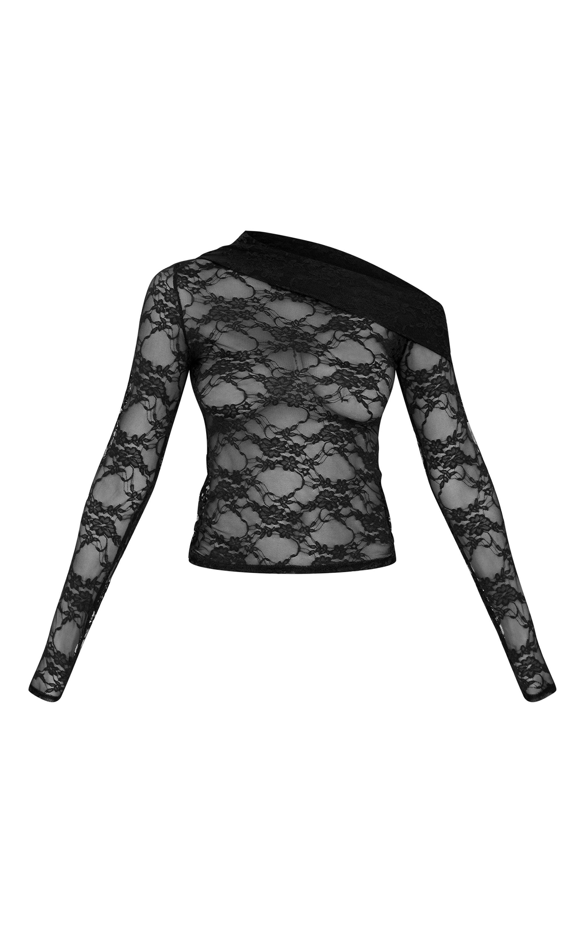 Black Asymmetric Lace Detail Long Sleeve Top Product Image