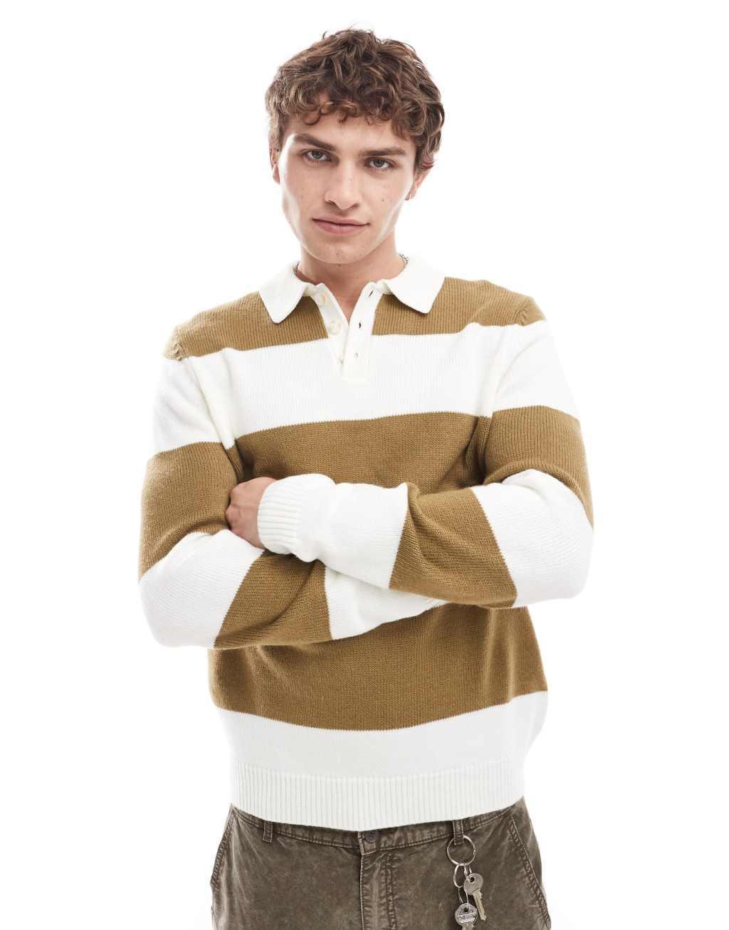 ASOS DESIGN knitted rugby polo in ecru and khaki stripe Product Image