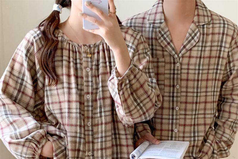 Couple Matching Pajama Set: Long-Sleeve Plaid Button-Up Top + Pants (Various Designs) Product Image