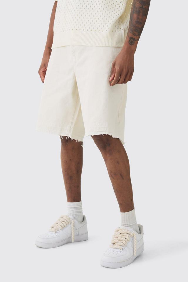 Mens Cream Tall Fixed Waist Raw Hem Relaxed Gusset Shorts, Cream Product Image