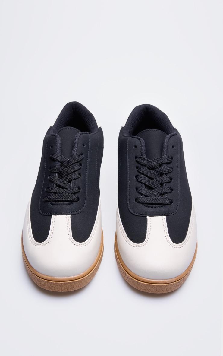 Black and Cream Pu Contrast Panel Lace Up Sneakers Product Image