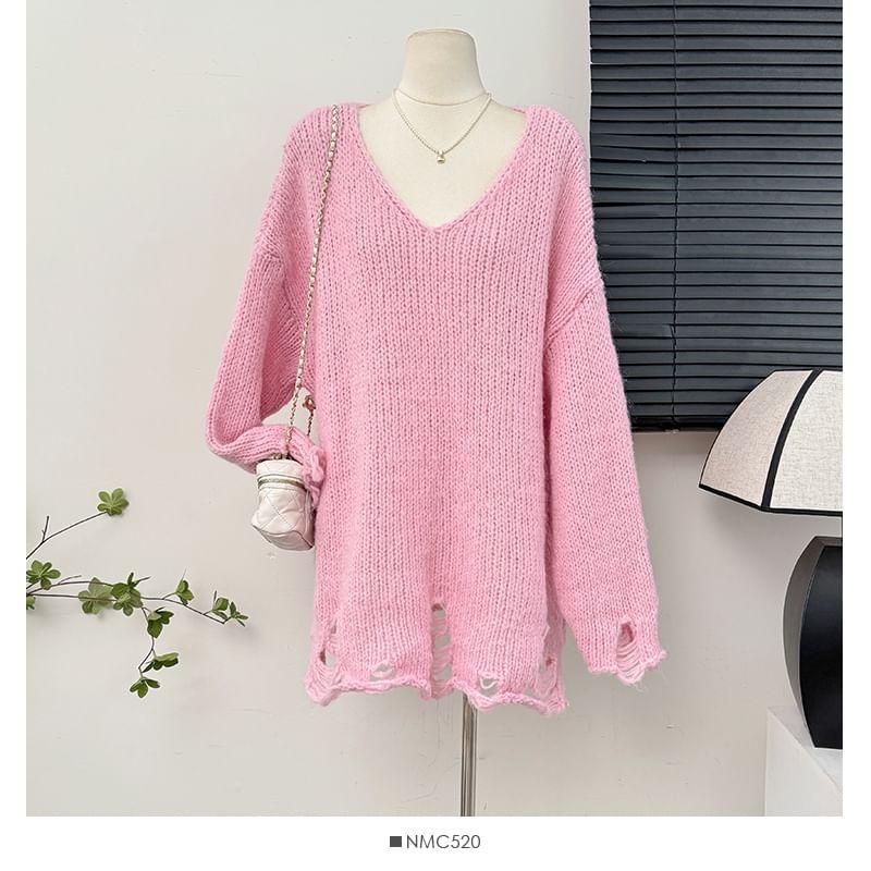 Oversized Distressed V-Neck Sweater in 6 Colors Product Image