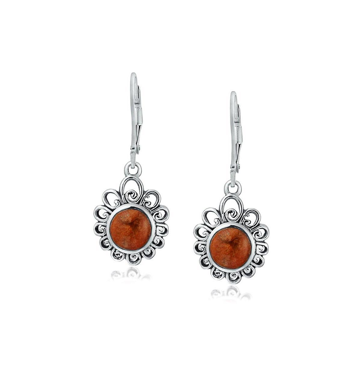 Bling Jewelry Bali Style Round Disc Flower Orange Red Coral Lever back Earrings For Women Sterling Silver Product Image