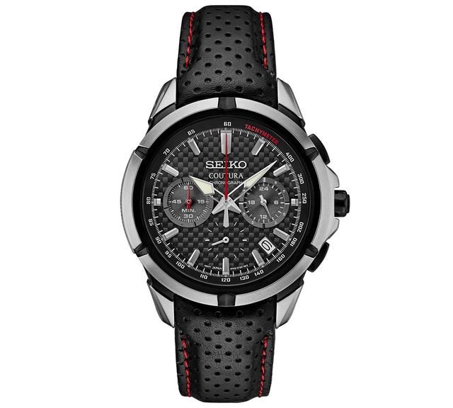 Seiko Mens Chronograph Coutura Black Perforated Leather Strap Watch 42mm Product Image