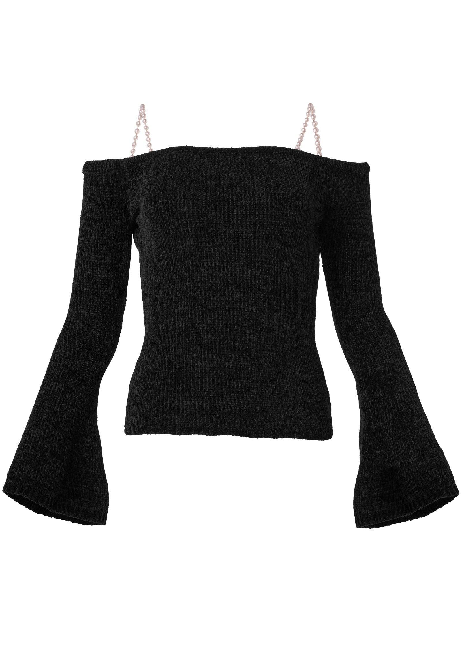 Off Shoulder Pearl Strap Chenille Sweater - Black product image