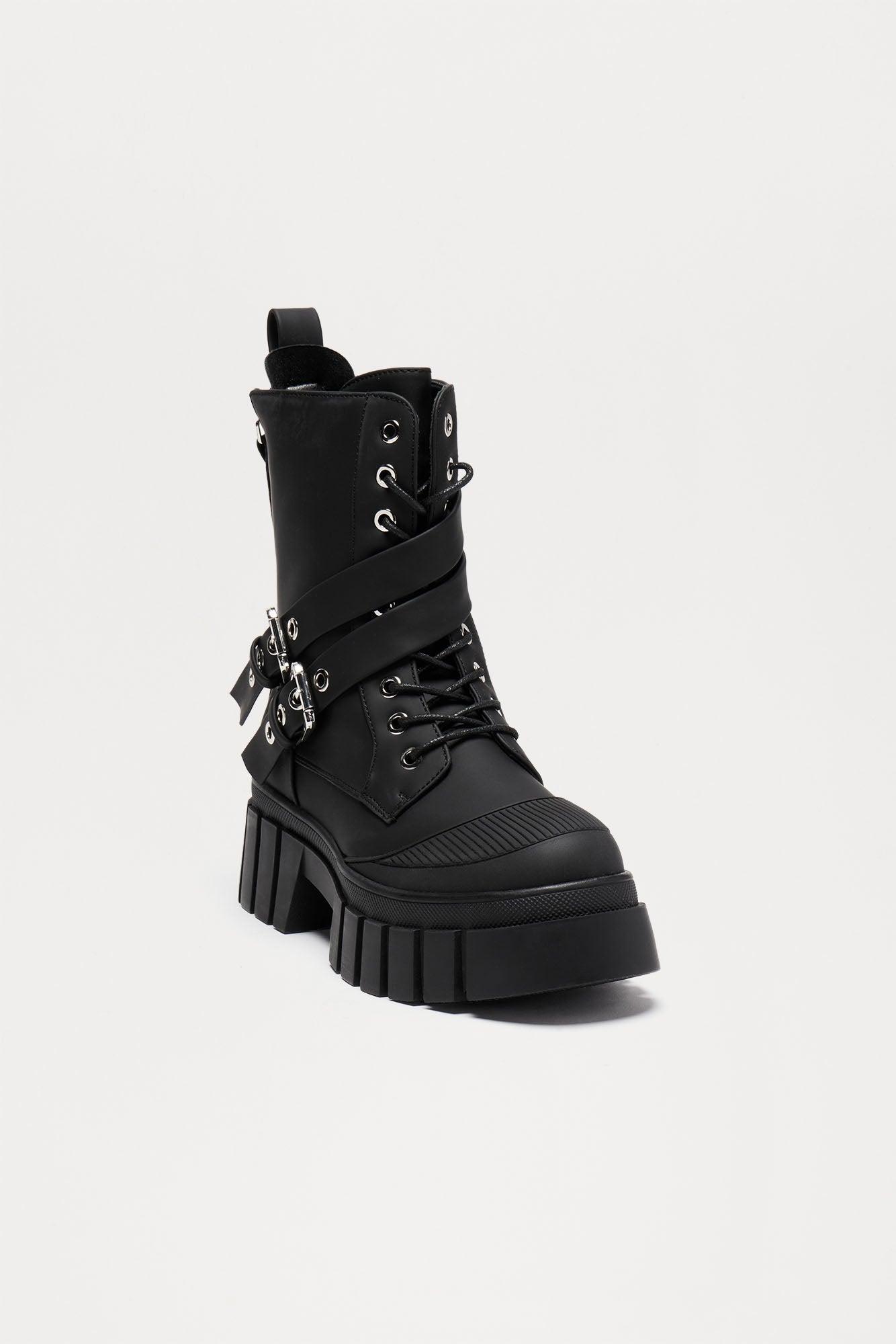 Never Over Buckle Combat Boots - Black Product Image