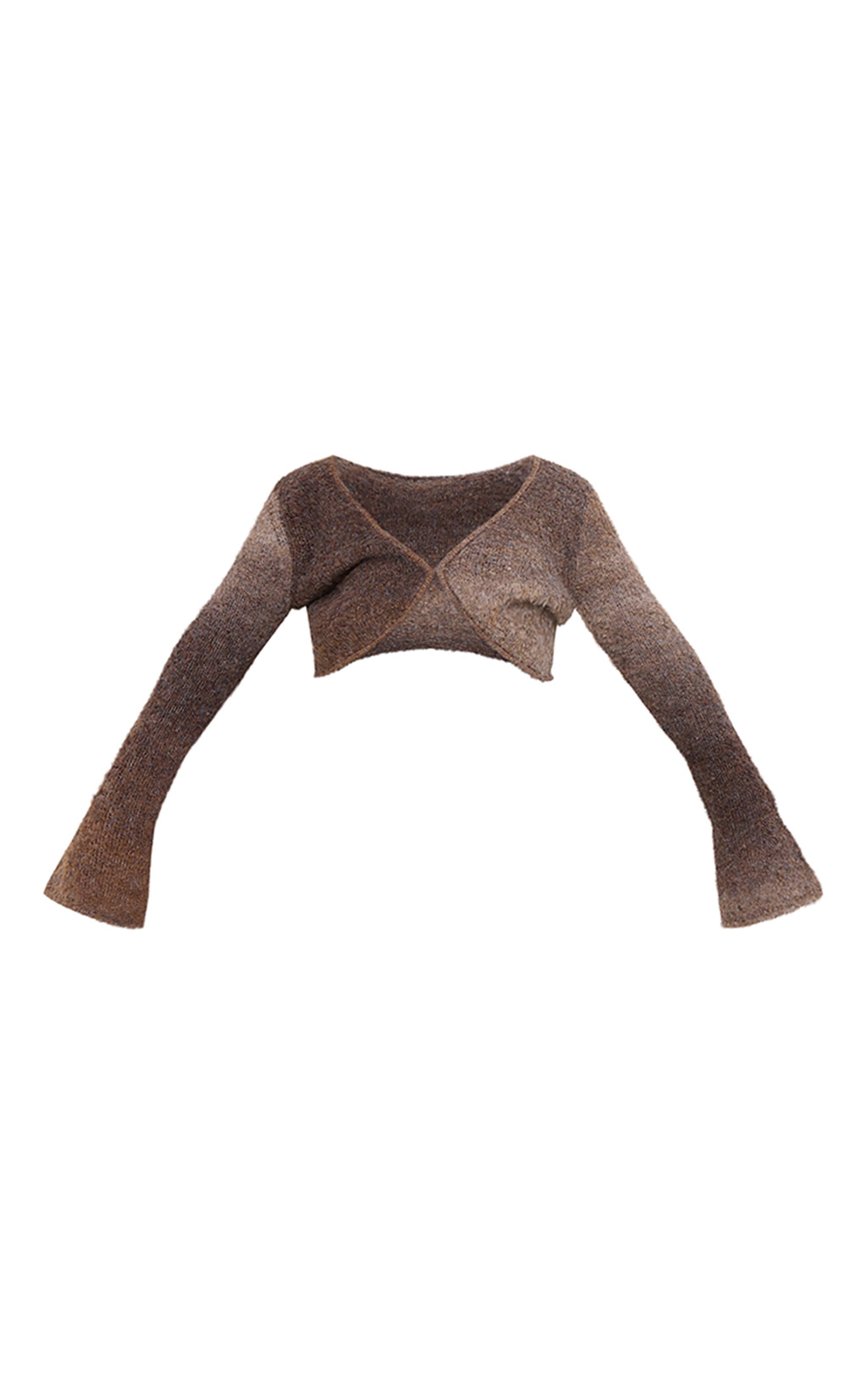 Mocha Stripe Textured Knit Flared Sleeve Mini Cardigan Product Image