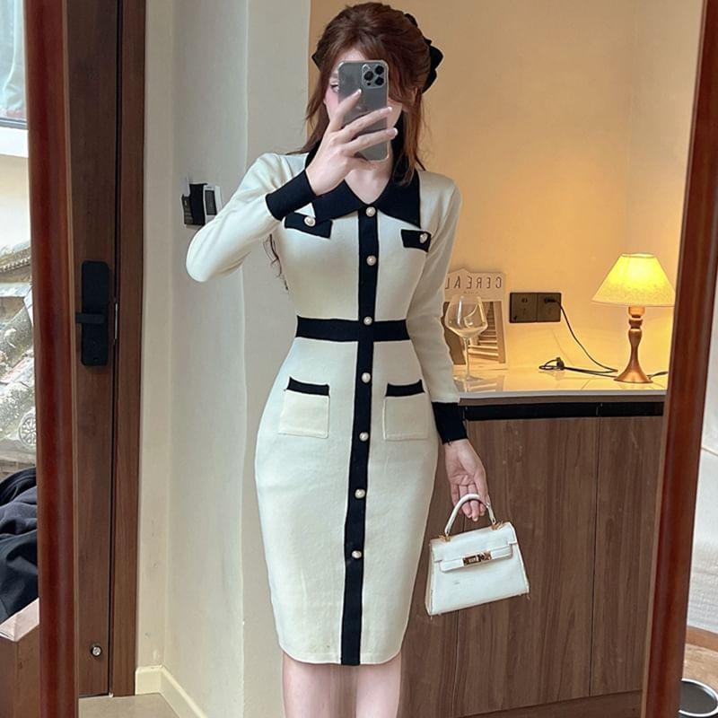 Long-Sleeve Collared Two Tone Knit Midi Sheath Dress Product Image